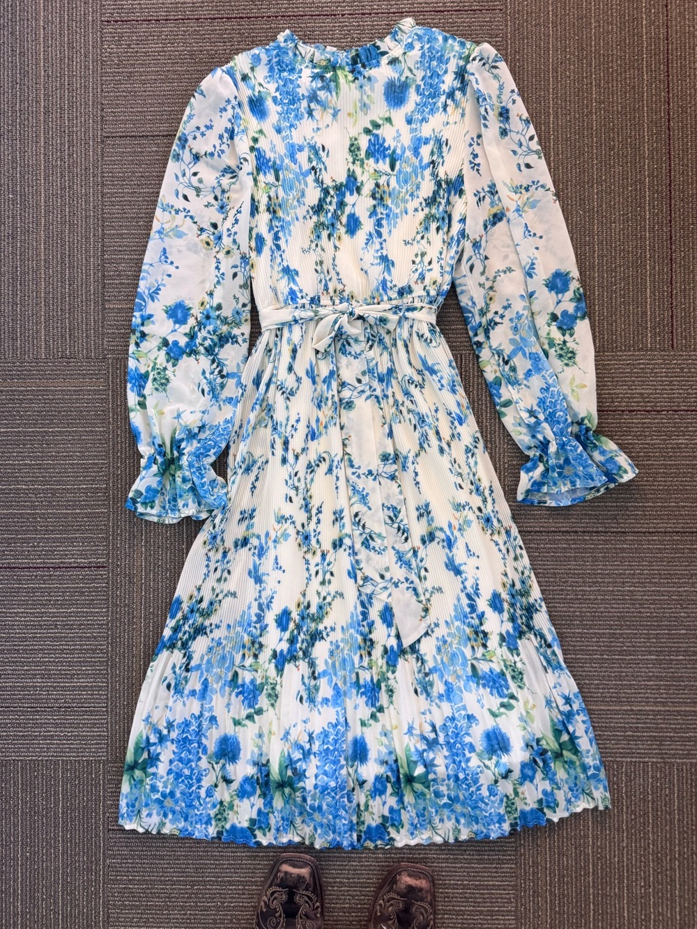 Anrabess XL Blue Floral Pleated Midi Dress | Long Sleeve Cottagecore Dress